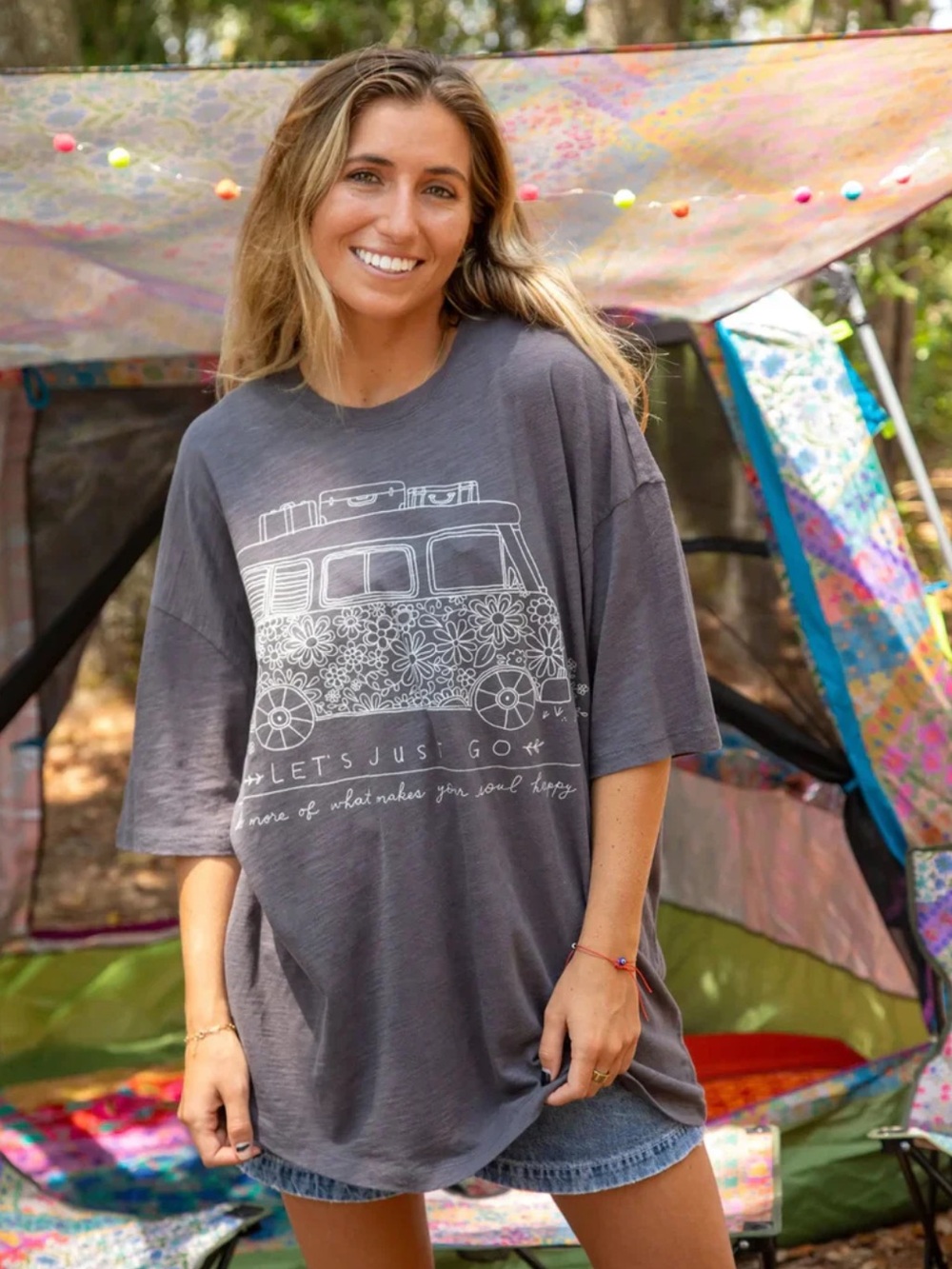 NATURAL LIFE Gray Short Sleeve Tee with LETS JUST GO Van  Graphic
